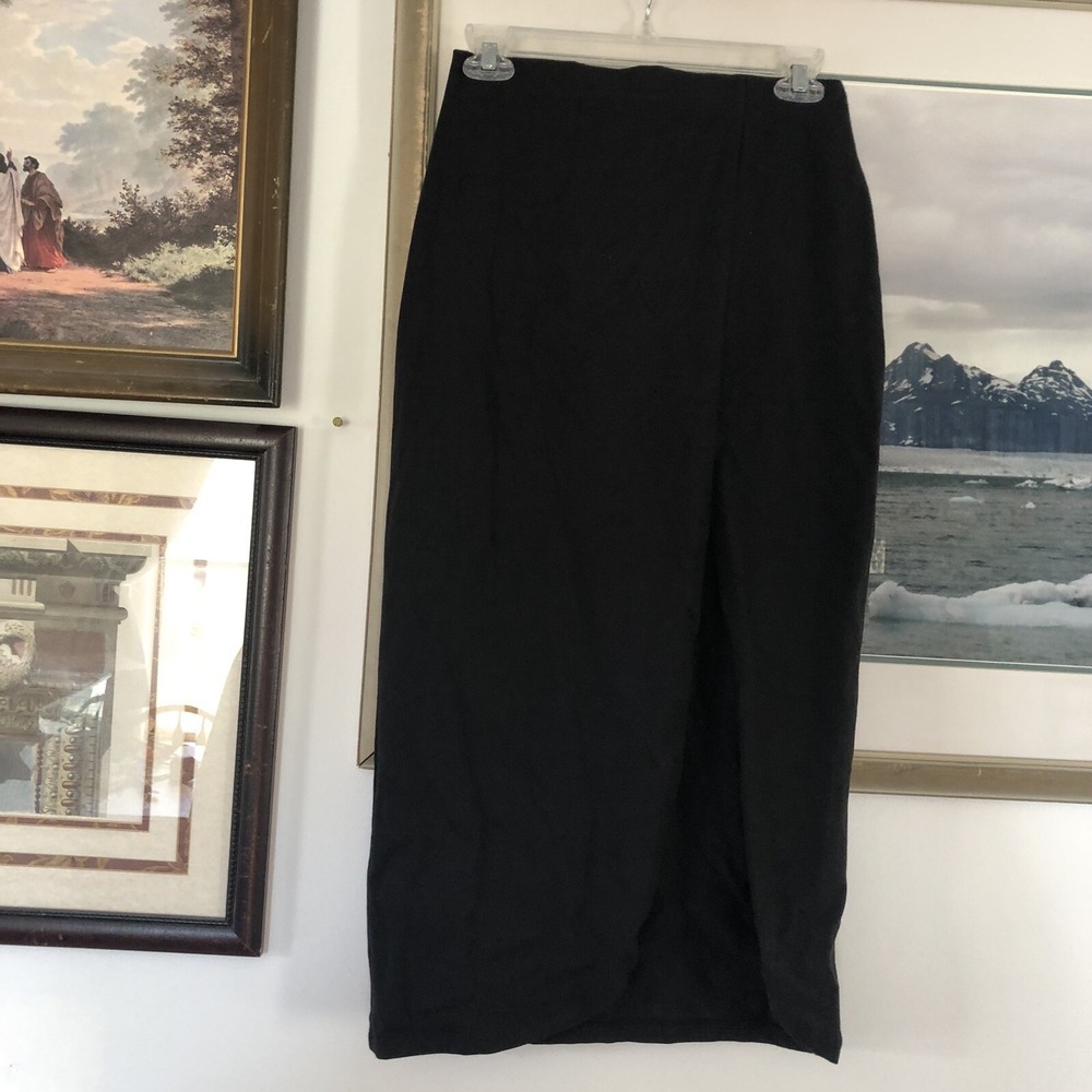 Vtg Weston Wear Black MIDI Skirt Front Slit Sexy Stretch Sz 2 A1860